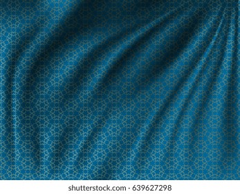 Golden oriental pattern on wavy silk fabric. Realistic vector illustration. Lovely background for your design in the great Ramadan Kareem.