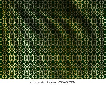 Golden oriental pattern on wavy silk fabric. Realistic vector illustration. Lovely background for your design in the great Ramadan Kareem.