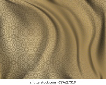 Golden oriental pattern on wavy silk fabric. Realistic vector illustration. Lovely background for your design in the great Ramadan Kareem.