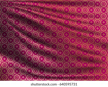 Golden oriental pattern on wavy silk fabric. Realistic vector illustration. Lovely background for your design in the great Ramadan Kareem.