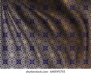 Golden oriental pattern on wavy silk fabric. Realistic vector illustration. Lovely background for your design in the great Ramadan Kareem.