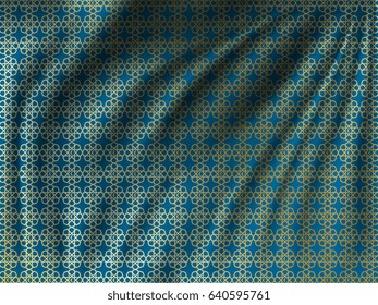 Golden oriental pattern on wavy silk fabric. Realistic vector illustration. Lovely background for your design in the great Ramadan Kareem.