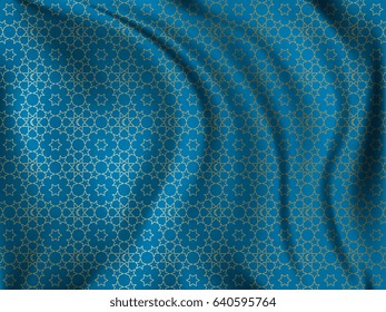 Golden oriental pattern on wavy silk fabric. Realistic vector illustration. Lovely background for your design in the great Ramadan Kareem.