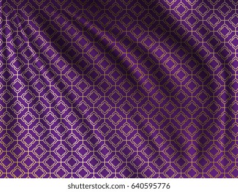 Golden oriental pattern on wavy silk fabric. Realistic vector illustration. Lovely background for your design in the great Ramadan Kareem.