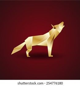 Golden Origami Howling Wolf