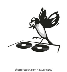 Golden Oriole DJ wearing headphones and scratching a record on the turntable. Isolated on white background. Set sitting and flying bird. Vector flat illustration.