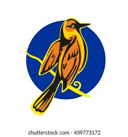 Golden Oriole perched on a branch. Vector flat illustration. Isolated on blue circle background