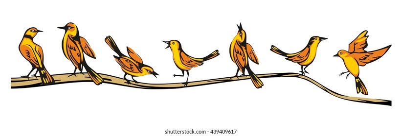 Golden Oriole perched in various poses sitting on a branch. Set flying bird. Vector flat illustration.