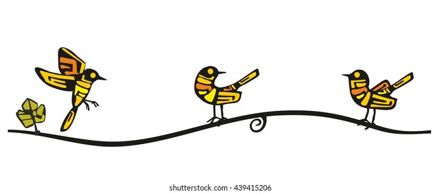 Golden Oriole perched in various poses sitting on a branch. Set flying bird. Vector flat illustration.
