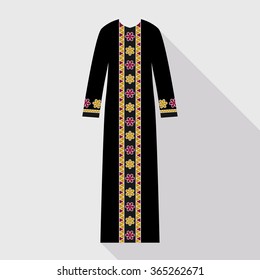 Golden Ornament. Arabian Abaya In Flat Style. Muslim Hijab, Islamic Female Dress. Long Dress In Gold And Black Colors.