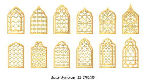 Golden ornament arabic windows. Decorative arabian window with arabesque ornamental patterns, islamic indian door or traditional oriental arches vector illustration of ornament arabic traditional icon