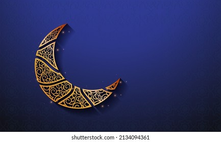 Golden Ornament Crescent Moon With Lights Effect And Copy Space On Blue Islamic Pattern Background For Islamic Festival Concept.