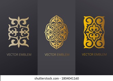 Golden ornament of curls and spirals on black background. 3d ramadan islamic round pattern elements. Geometric logo template set. Circular ornamental arabic symbols. Vintage floral seamless pattern.