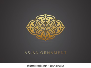 Golden ornament of curls and spirals on black background. 3d ramadan islamic round pattern elements. Geometric logo template set. Circular ornamental arabic symbols. Vintage floral seamless pattern.