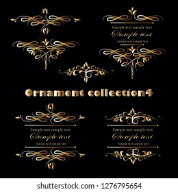 Golden ornament elements on a black background for the design of greeting and invitation cards.Vector design elements for infographic, web, internet, presentation.