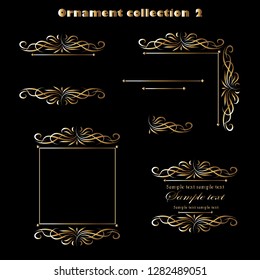 Golden ornament elements on a black background for the design of greeting and invitation cards. Vector design elements for infographic, web, internet, presentation.