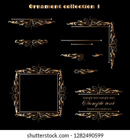 Golden ornament elements on a black background for the design of greeting and invitation cards. Vector design elements for infographic, web, internet, presentation.