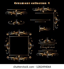 Golden ornament elements on a black background for the design of greeting and invitation cards. Vector design elements for infographic, web, internet, presentation.