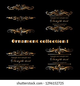 Golden ornament elements on a black background for the design of greeting and invitation cards.
