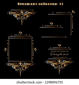 Golden ornament elements on a black background for the design of greeting and invitation cards. Vector design elements for infographic, web, internet, presentation.