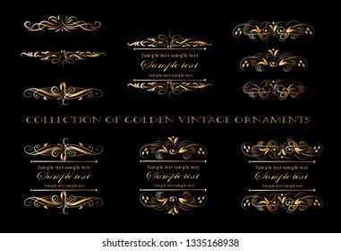 Golden ornament elements on a black background for the design of greeting and invitation cards.