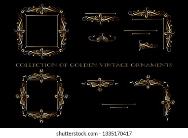 Golden ornament elements on a black background for the design of greeting and invitation cards. Vector design elements for infographic, web, internet, presentation.