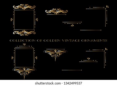 Golden ornament elements on a black background for the design of greeting and invitation cards.