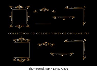 Golden ornament elements on a black background for the design of greeting and invitation cards.Vector image of the elements for the design of cards. 