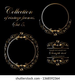 Golden ornament elements on a black background for the design of greeting and invitation cards.
A collection of beautiful vintage frames. Vector illustration of classic vintage frames. 