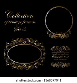 Golden ornament elements on a black background for the design of greeting and invitation cards. 
A collection of beautiful frames for decoration. Vector illustration of round vintage frames.