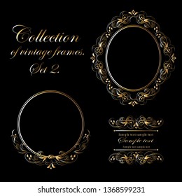 Golden ornament elements on a black background for the design of greeting and invitation cards. A collection of beautiful gold frames for decoration. Vector illustration of round vintage frames.