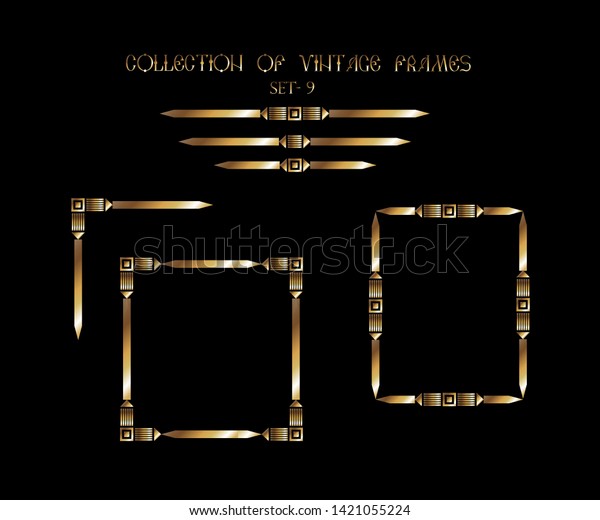 Golden ornament elements on a black\
background for the design of greeting and invitation\
cards.