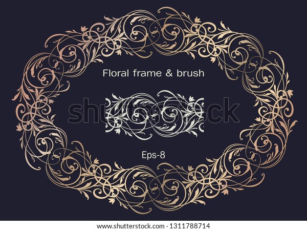 Golden Ornament frame with brushes element and
space for text. Floral ornate Wreath and brush isolated on black
background . Horisontal oval Vector Element. Vintage frame for a
Card, Wedding