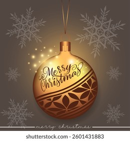 Golden ornament with a joyful Christmas message and a floral pattern, surrounded by drifting snowflakes in the background.