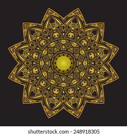 Golden ornament. Round pattern with bugs.