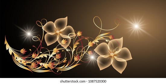  Golden ornament and transparent flowers with glowing stars