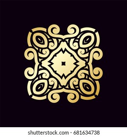 Golden ornamental abstract vintage logo on dark background. Template for design