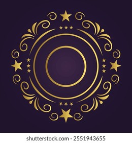 Design circular ornamental dourado com redemoinhos e estrelas em um fundo roxo  
