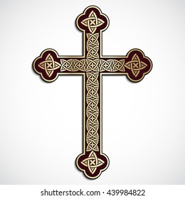 golden ornamental cross with celtic design / vector illustration 