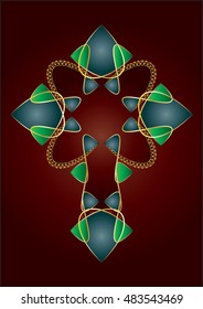 Golden ornamental decorative christian cross on red background, color vector illustration