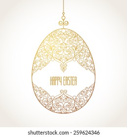 Golden ornamental egg for your Easter design. Spring element in Eastern style. Traditional vintage decor for invitations, greeting cards. Ornate pattern for line art template.