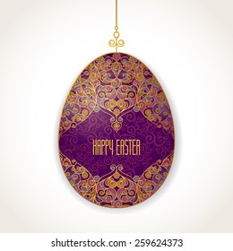 Golden ornamental egg for your Easter design. Spring element in Eastern style. Traditional vintage decor for invitations, greeting cards. Ornate pattern for line art template.