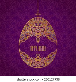 Golden ornamental egg for your Easter design. Spring element in Eastern style. Traditional vintage decor for invitations, greeting cards. Ornate pattern for line art template.