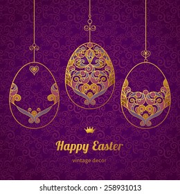 Golden ornamental eggs for your Easter design. Spring element in Eastern style. Traditional vintage decor for invitations, greeting cards. Ornate pattern for line art template.