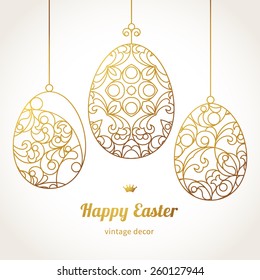 Golden ornamental eggs for your Easter design. Spring element in Eastern style. Traditional vintage decor for invitations, greeting cards. Ornate pattern for line art template.