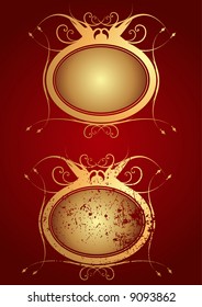 Golden ornamental frame on red background , with another grunge textured variation