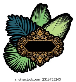 golden ornamental frame surrounded by palm leaves