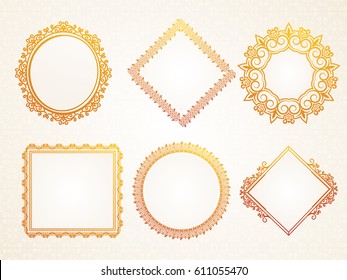 Golden ornamental frames set in different shapes.