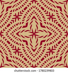 Golden ornamental geometric seamless pattern. Abstract floral ornament in burgundy and gold color. Elegant background texture in Turkish, Moroccan, Arabian style. Repeat design for tiles, wallpapers