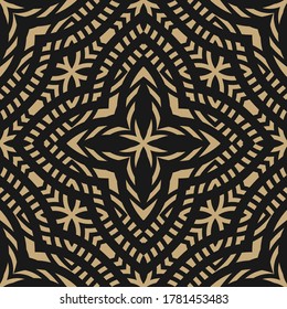 Golden ornamental geometric seamless pattern. Abstract gold and black floral ornament. Elegant background texture in Turkish, Moroccan, Arabian style. Repeat design for tiles, wallpapers, decoration